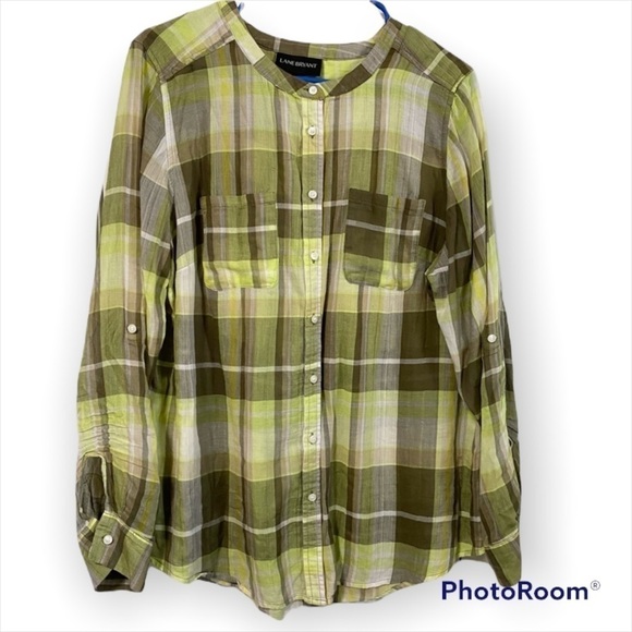 Lane Bryant plaid button down top size 14/16 light weight greens yellow - Picture 1 of 7